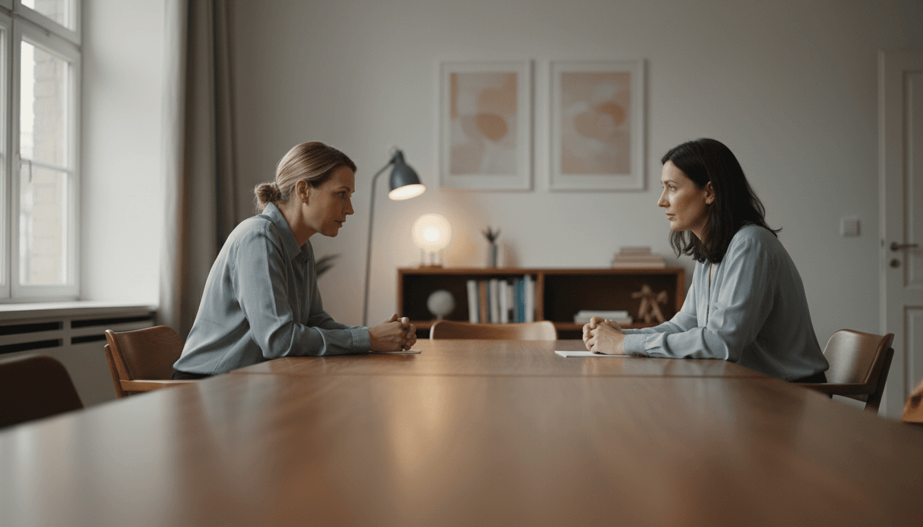 Calm, soft-focus documentary style medium shot of a consultant and client sitting opposite each other in a quiet, warmly lit office, both leaning slightly forward in attentive conversation, natural window light creating gentle shadows, neutral and muted color palette with warm wood tones