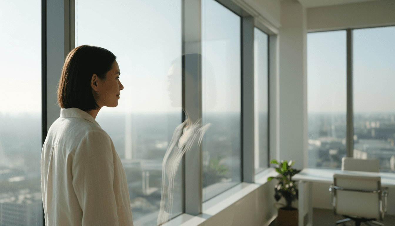 Soft, hopeful editorial aesthetic medium close-up of a person looking out a large window in a bright, minimal office space, natural daylight illuminating the scene, gentle reflection in the glass, quiet atmosphere of confidence and calm, light neutral and pastel color palette