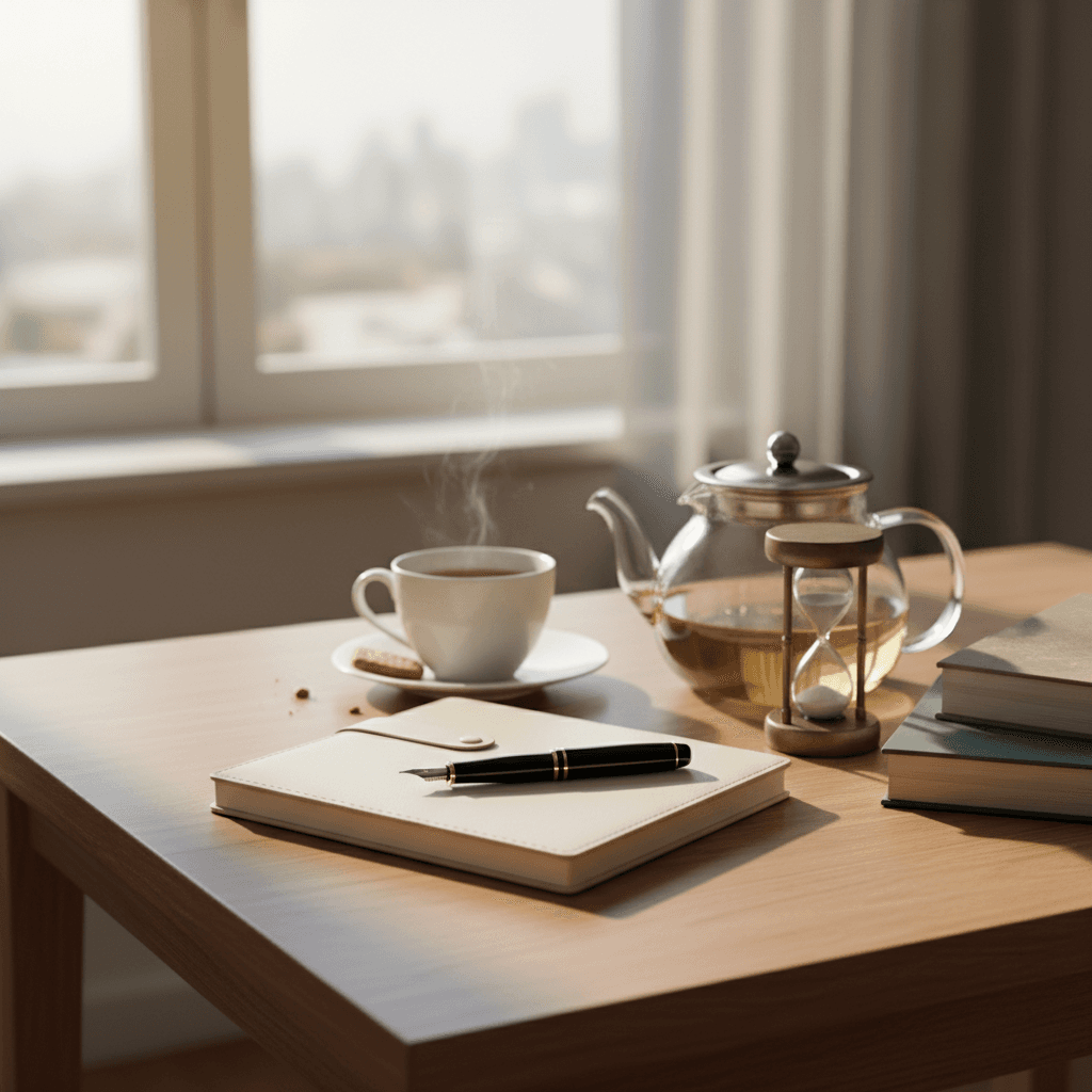 Aufgeräumter Schreibtisch mit Notizblock, Stift und einer Tasse Tee nach einer Beratungssitzung